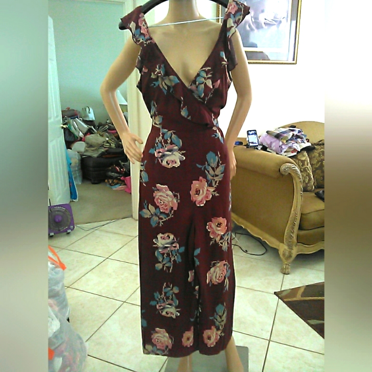 Bnwot "Show Me Your Mumu" Brown W/ Florals Jumpsuit Ruffled Short Slv. Sz. Lg